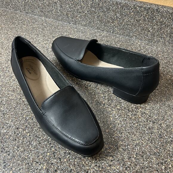Clarks Colllection Womens 9 M Comfort Casual Classic Black Leather Slip On Flats - Picture 2 of 10